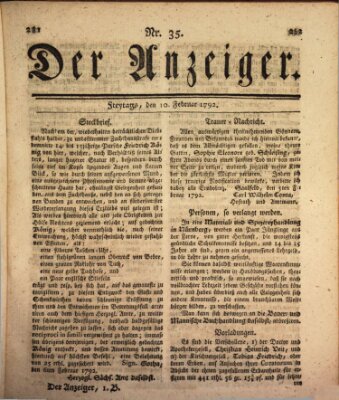 Der Anzeiger (Allgemeiner Anzeiger der Deutschen) Freitag 10. Februar 1792