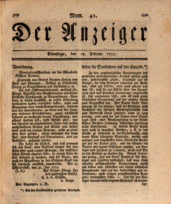 Der Anzeiger (Allgemeiner Anzeiger der Deutschen) Dienstag 19. Februar 1793