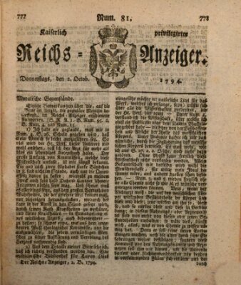 Kaiserlich privilegirter Reichs-Anzeiger (Allgemeiner Anzeiger der Deutschen) Donnerstag 2. Oktober 1794