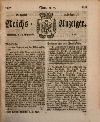 Kaiserlich privilegirter Reichs-Anzeiger (Allgemeiner Anzeiger der Deutschen) Montag 19. September 1796