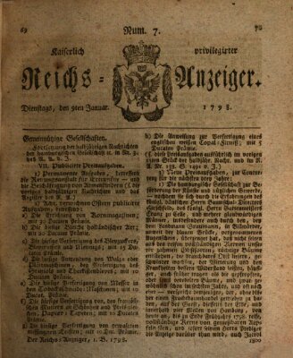 Kaiserlich privilegirter Reichs-Anzeiger (Allgemeiner Anzeiger der Deutschen) Dienstag 9. Januar 1798