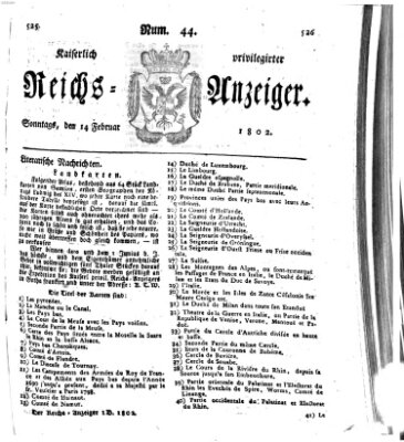 Kaiserlich privilegirter Reichs-Anzeiger (Allgemeiner Anzeiger der Deutschen) Sonntag 14. Februar 1802