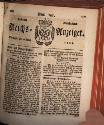 Kaiserlich privilegirter Reichs-Anzeiger (Allgemeiner Anzeiger der Deutschen) Dienstag 20. Juli 1802