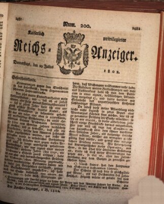 Kaiserlich privilegirter Reichs-Anzeiger (Allgemeiner Anzeiger der Deutschen) Donnerstag 29. Juli 1802