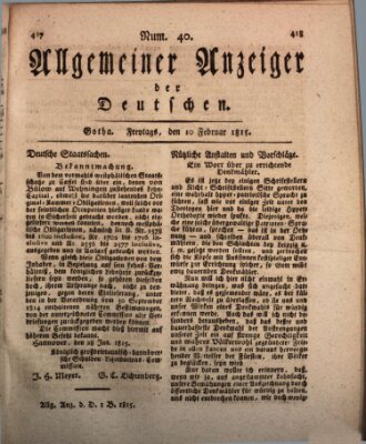 Allgemeiner Anzeiger der Deutschen Freitag 10. Februar 1815