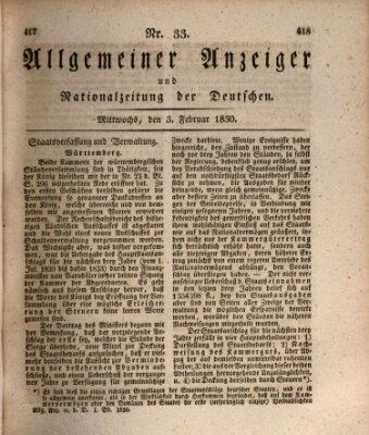Allgemeiner Anzeiger und Nationalzeitung der Deutschen (Allgemeiner Anzeiger der Deutschen) Mittwoch 3. Februar 1830