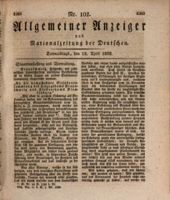 Allgemeiner Anzeiger und Nationalzeitung der Deutschen (Allgemeiner Anzeiger der Deutschen) Donnerstag 12. April 1832