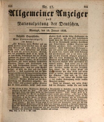 Allgemeiner Anzeiger und Nationalzeitung der Deutschen (Allgemeiner Anzeiger der Deutschen) Montag 18. Januar 1836