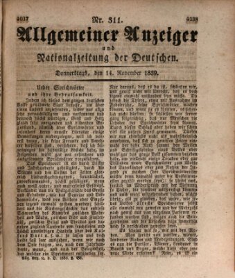 Allgemeiner Anzeiger und Nationalzeitung der Deutschen (Allgemeiner Anzeiger der Deutschen) Donnerstag 14. November 1839