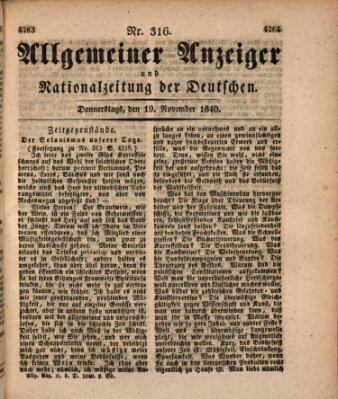 Allgemeiner Anzeiger und Nationalzeitung der Deutschen (Allgemeiner Anzeiger der Deutschen) Donnerstag 19. November 1840