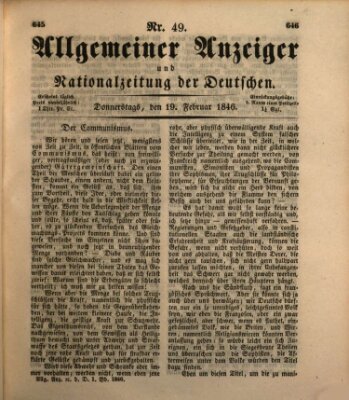 Allgemeiner Anzeiger und Nationalzeitung der Deutschen (Allgemeiner Anzeiger der Deutschen) Donnerstag 19. Februar 1846