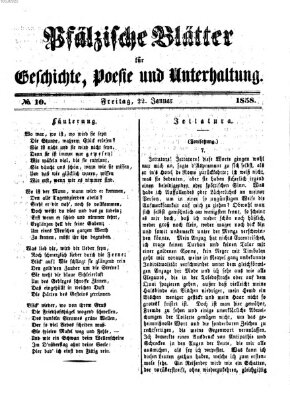 Pfälzische Blätter für Geschichte, Poesie und Unterhaltung (Zweibrücker Wochenblatt) Freitag 22. Januar 1858