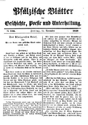 Pfälzische Blätter für Geschichte, Poesie und Unterhaltung (Zweibrücker Wochenblatt) Freitag 12. November 1858