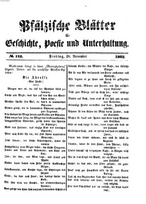 Pfälzische Blätter für Geschichte, Poesie und Unterhaltung (Zweibrücker Wochenblatt) Freitag 28. November 1862