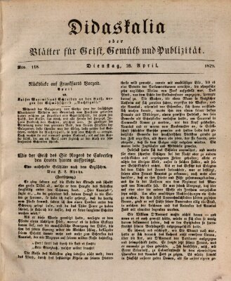 Didaskalia oder Blätter für Geist, Gemüth und Publizität (Didaskalia) Dienstag 28. April 1829