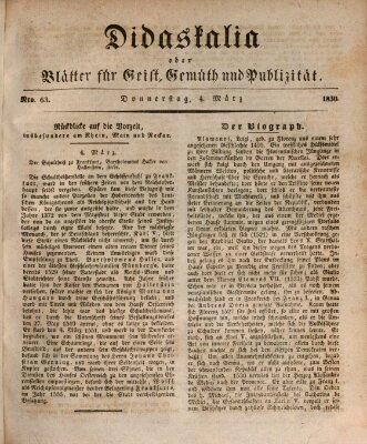 Didaskalia oder Blätter für Geist, Gemüth und Publizität (Didaskalia) Donnerstag 4. März 1830