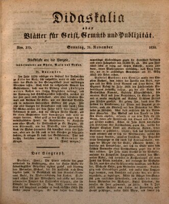 Didaskalia oder Blätter für Geist, Gemüth und Publizität (Didaskalia) Sonntag 21. November 1830