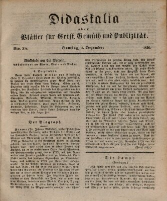 Didaskalia oder Blätter für Geist, Gemüth und Publizität (Didaskalia) Samstag 4. Dezember 1830