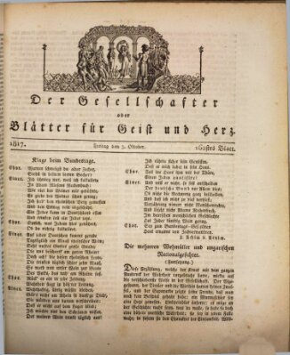 Der Gesellschafter oder Blätter für Geist und Herz Freitag 3. Oktober 1817