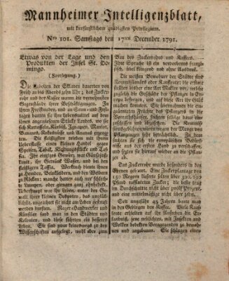 Mannheimer Intelligenzblatt Samstag 17. Dezember 1791