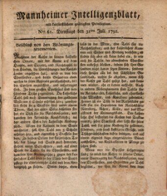 Mannheimer Intelligenzblatt Dienstag 31. Juli 1792