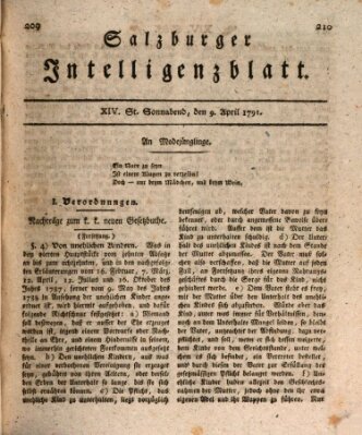 Salzburger Intelligenzblatt Samstag 9. April 1791