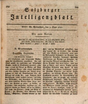 Salzburger Intelligenzblatt Samstag 3. September 1791