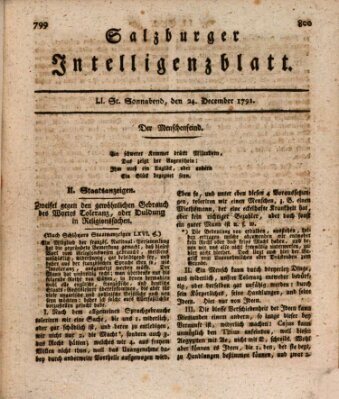 Salzburger Intelligenzblatt Samstag 24. Dezember 1791