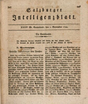 Salzburger Intelligenzblatt Samstag 1. September 1792