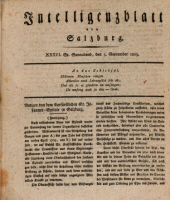Intelligenzblatt von Salzburg (Salzburger Intelligenzblatt) Samstag 3. September 1803