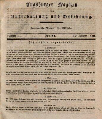 Augsburger Magazin für Unterhaltung und Belehrung (Neue Augsburger Zeitung) Sonntag 10. Oktober 1830