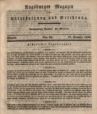 Augsburger Magazin für Unterhaltung und Belehrung (Neue Augsburger Zeitung) Mittwoch 17. November 1830