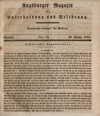Augsburger Magazin für Unterhaltung und Belehrung (Neue Augsburger Zeitung) Sonntag 20. Februar 1831