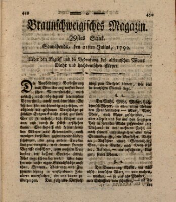 Braunschweigisches Magazin (Braunschweigische Anzeigen) Samstag 21. Juli 1792