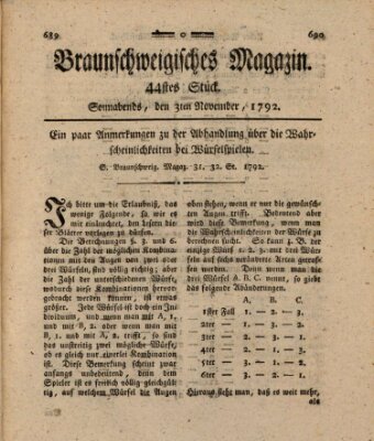 Braunschweigisches Magazin (Braunschweigische Anzeigen) Samstag 3. November 1792