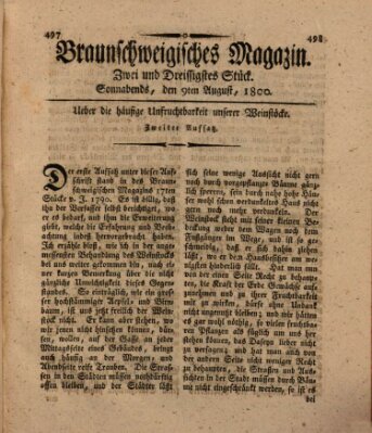 Braunschweigisches Magazin (Braunschweigische Anzeigen) Samstag 9. August 1800