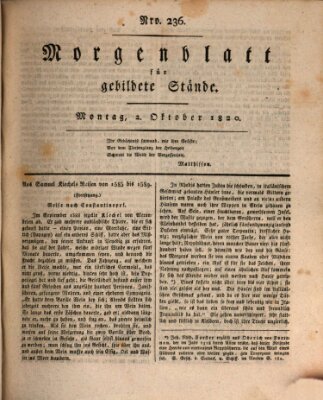 Morgenblatt für gebildete Stände Montag 2. Oktober 1820