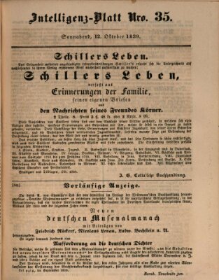 Morgenblatt für gebildete Leser (Morgenblatt für gebildete Stände) Samstag 12. Oktober 1839