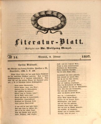 Morgenblatt für gebildete Leser (Morgenblatt für gebildete Stände) Mittwoch 8. Februar 1837