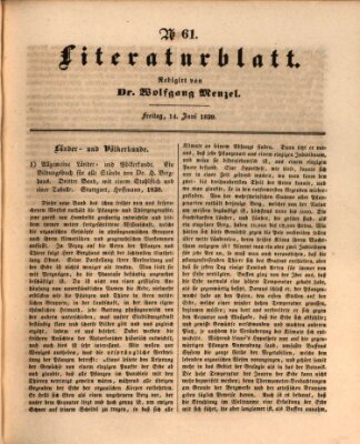 Morgenblatt für gebildete Leser (Morgenblatt für gebildete Stände) Freitag 14. Juni 1839