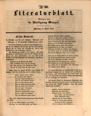 Morgenblatt für gebildete Leser (Morgenblatt für gebildete Stände) Montag 6. April 1840