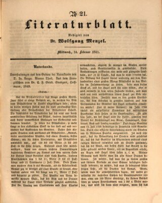 Morgenblatt für gebildete Leser (Morgenblatt für gebildete Stände) Mittwoch 24. Februar 1841