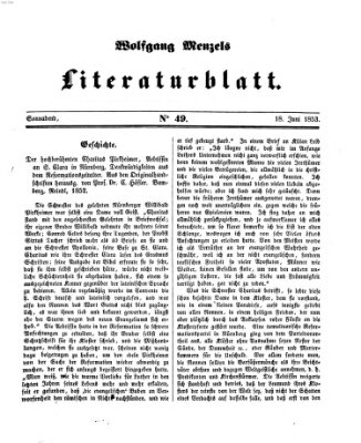Literaturblatt (Morgenblatt für gebildete Stände) Samstag 18. Juni 1853