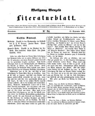 Literaturblatt (Morgenblatt für gebildete Stände) Samstag 15. September 1855