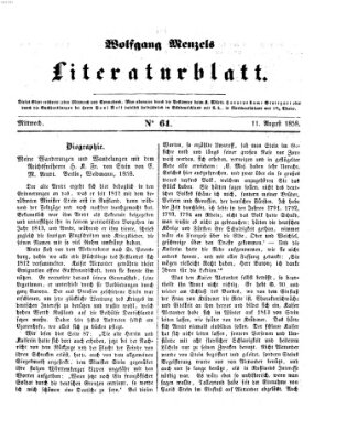 Literaturblatt (Morgenblatt für gebildete Stände) Mittwoch 11. August 1858