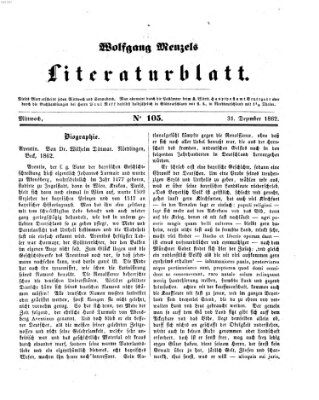 Literaturblatt (Morgenblatt für gebildete Stände) Mittwoch 31. Dezember 1862