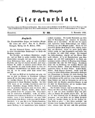Literaturblatt (Morgenblatt für gebildete Stände) Samstag 3. November 1866