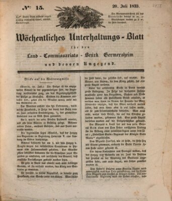 Wöchentliches Unterhaltungs-Blatt für den Land-Commissariats-Bezirk Germersheim und dessen Umgebung Donnerstag 20. Juni 1833