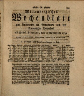 Wittenbergsches Wochenblatt zum Aufnehmen der Naturkunde und des ökonomischen Gewerbes Freitag 30. November 1770