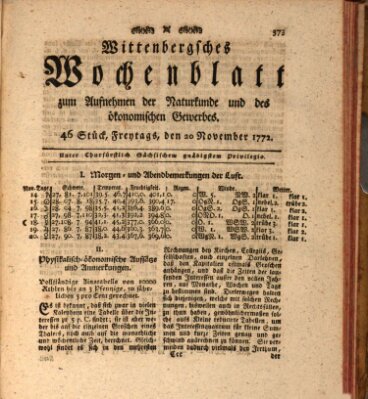Wittenbergsches Wochenblatt zum Aufnehmen der Naturkunde und des ökonomischen Gewerbes Freitag 20. November 1772